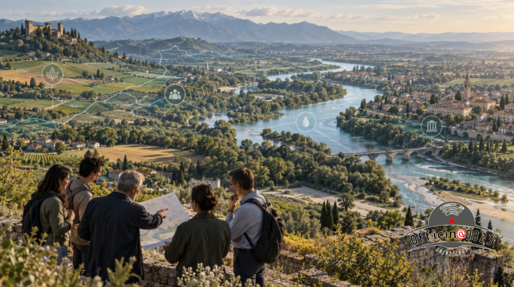 Persone consultano una mappa davanti a una valle fluviale: illustrazione della collaborazione nei Contratti di Fiume.