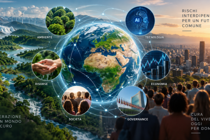 Rappresentazione delle crisi sistemiche globali e delle interdipendenze tra ambiente, società, economia, tecnologia e governance.