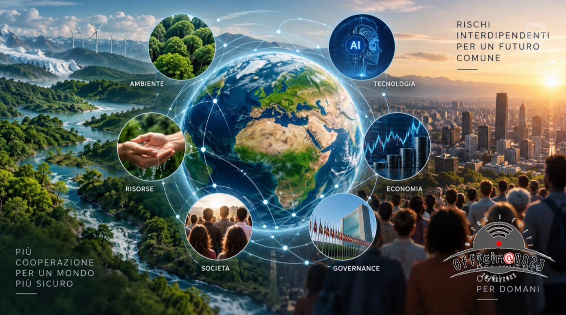 Rappresentazione delle crisi sistemiche globali e delle interdipendenze tra ambiente, società, economia, tecnologia e governance.